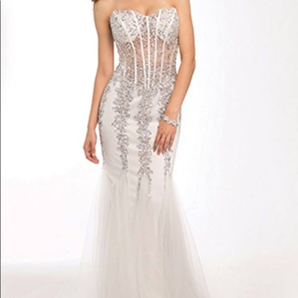 Strapless Jovani 5908 white wedding dress bling